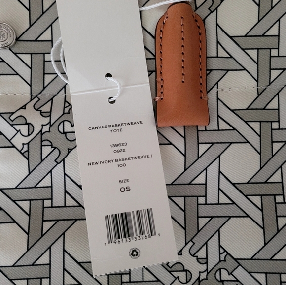 NWT Tory Burch Canvas Basketweave Tote Bag Ivory With Dust Bag - Picture 2 of 7